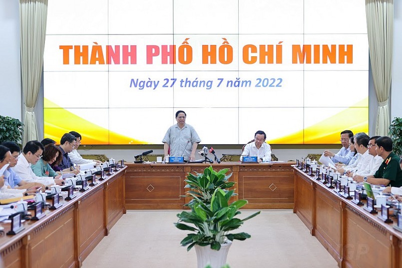 Thủ tướng Chính phủ Phạm Minh Chính và đoàn công tác đã làm việc với lãnh đạo Thành phố Hồ Chí Minh - Ảnh: VGP