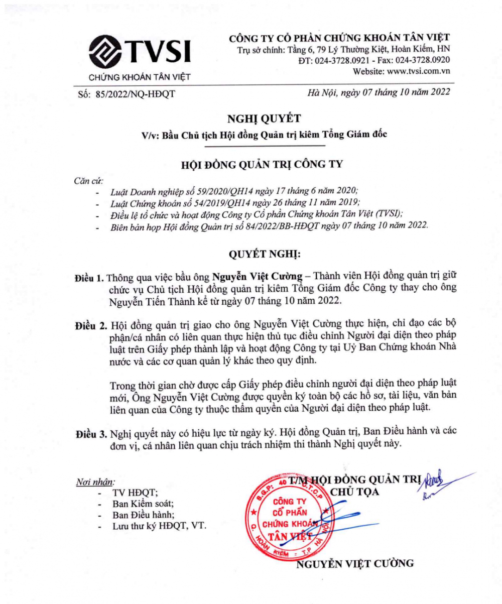Nghị quyết bổ nhiệm Tân Chủ tịch HĐQT kiêm Tổng Giám đốc Chứng khoán Tân Việt