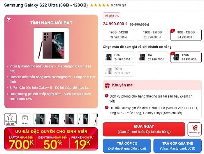 Galaxy S22 Ultra sale cực mạnh, giảm cao nhất 7 triệu đồng/phiên bản
