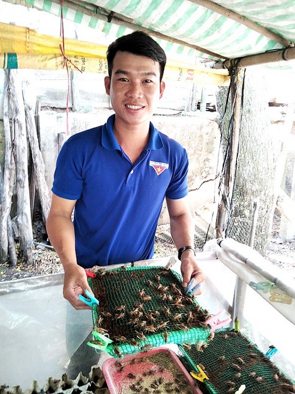 Anh Phan Việt Tiến với mô hình nuôi dế mèn Thái của gia đình tại ấp Phú Điền, xã Phú Thành A, huyện Tam Nông (Đồng Tháp)