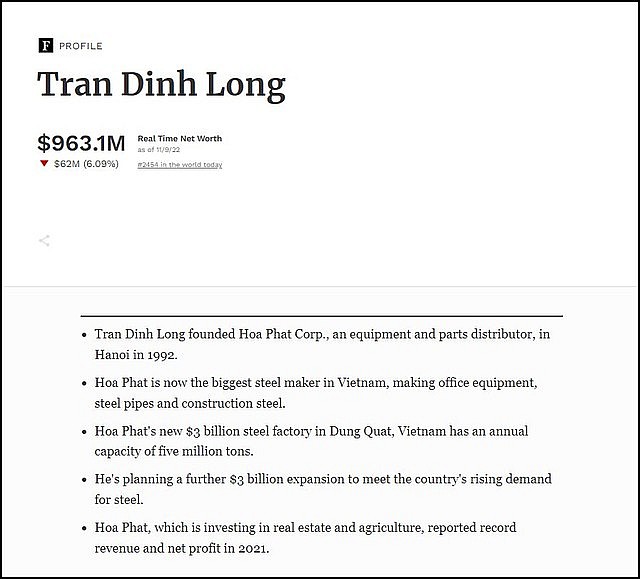 Ông Trần Đình Long rời khỏi danh sách tỷ phú USD