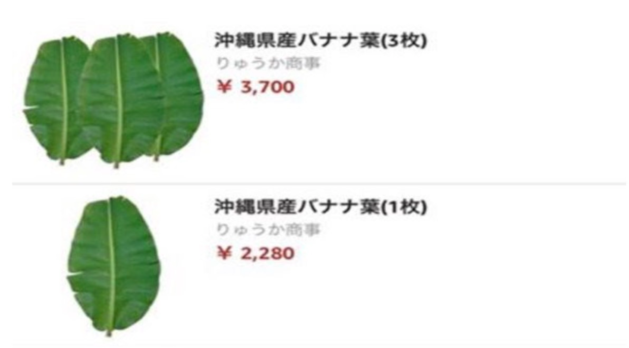 lá chuối bán trên trang Amazon Nhật với giá 500.000 đồng/lá