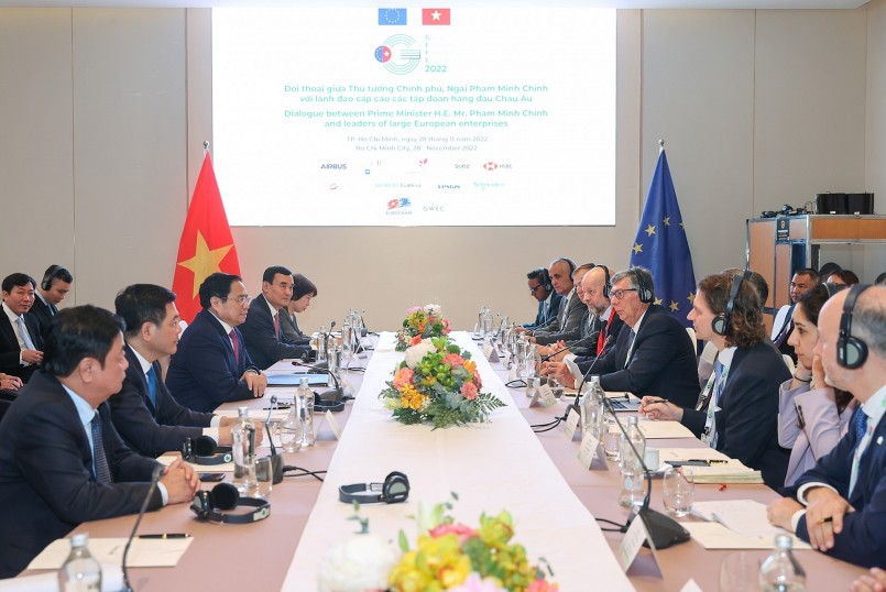 Trong khuôn khổ Diễn đàn và Triển lãm Kinh tế xanh GEFE 2022, Thủ tướng Phạm Minh Chính đã tiếp lãnh đạo các tập đoàn lớn của châu Âu. Ảnh: VGP
