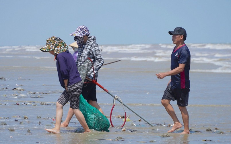 Sau nhiều giờ dầm mình dưới nước biển, người dân mang ngao, sò vào bờ để bán cho thương lái.