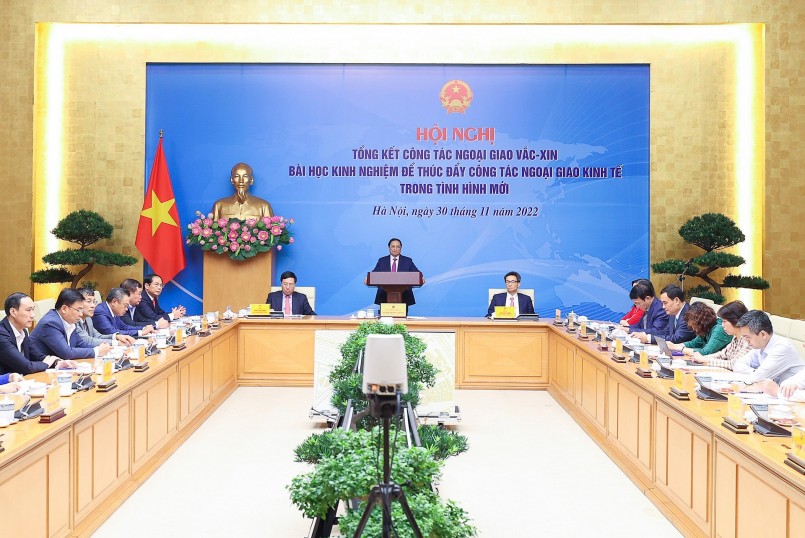 Thủ tướng Phạm Minh Chính chủ trì Hội nghị tổng kết công tác ngoại giao vaccine. Ảnh: VGP