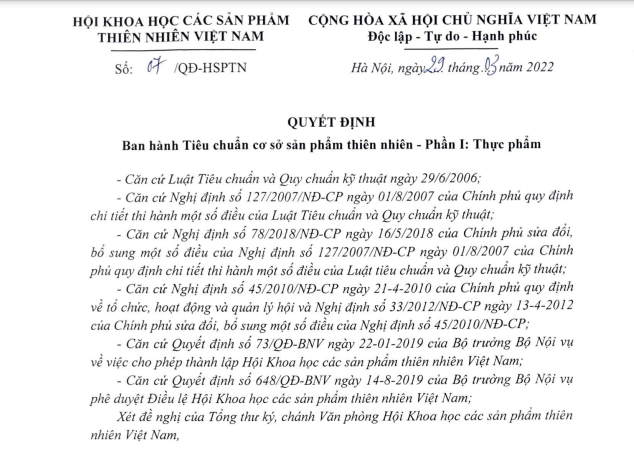 Hội VNPS: Chính thức ban hành Bộ 'Tiêu chuẩn cơ sở sản phẩm thiên nhiên - Phần I: Thực phẩm'