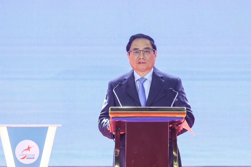 Thủ tướng Phạm Minh Chính có bài phát biểu tại Triển lãm Quốc phòng quốc tế Việt Nam 2022. Ảnh: VGP