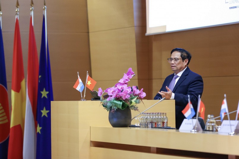 Thủ tướng Phạm Minh Chính tham dự và phát biểu tại Diễn đàn doanh nghiệp Việt Nam-Luxembourg. Ảnh: VGP