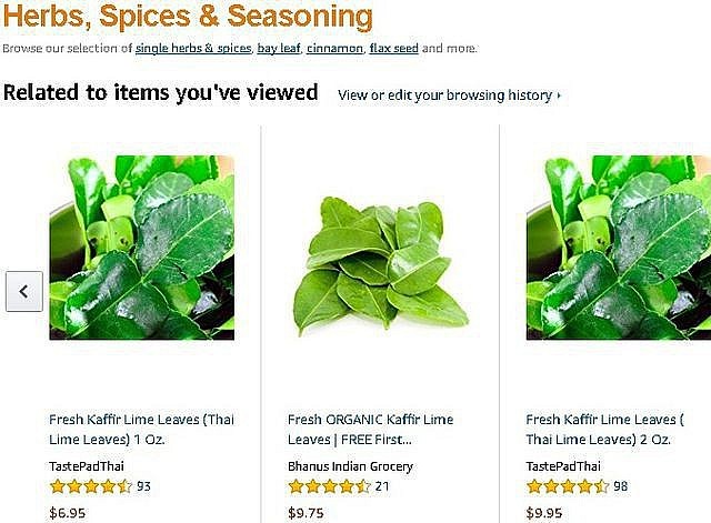 Lá chanh bán trên trang Amazon