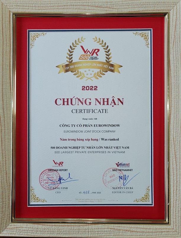 Chứng nhận Top 500 doanh nghiệp tư nhân lớn nhất Việt Nam.