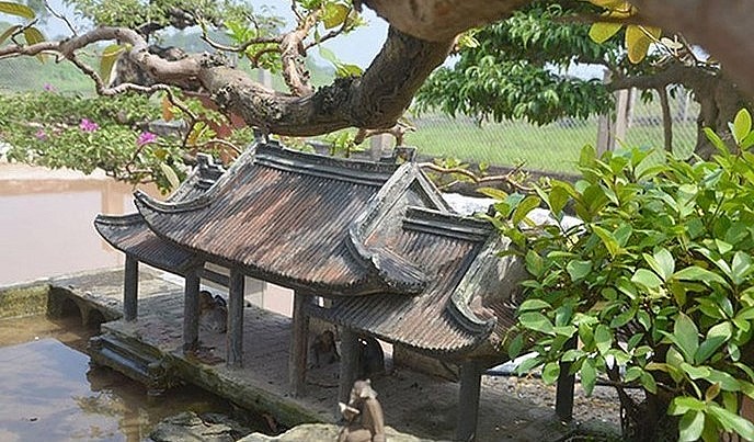 Cây ổi được tạo dáng bonsai và trang trí tiểu cảnh rất đẹp mắt.