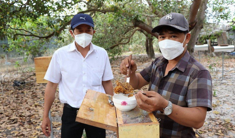Ông Trần Văn Mảng (bên trái), Phó Chủ tịch Hội Nông dân tỉnh tham quan trại nuôi ong dú của nông dân Trần Đức Văn.