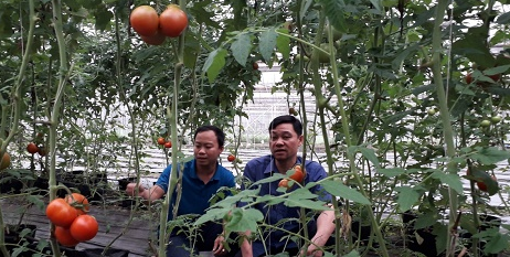 Anh Lục Vân Anh (trái) dẫn khách thăm vườn