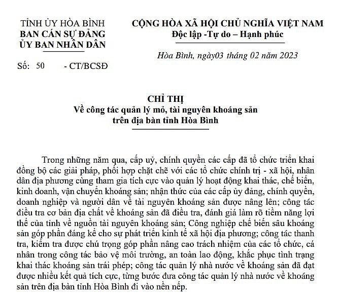 Hòa Bình: Ban hành Chỉ thị tăng cường công tác quản lý mỏ, tài nguyên khoáng sản trên địa bàn