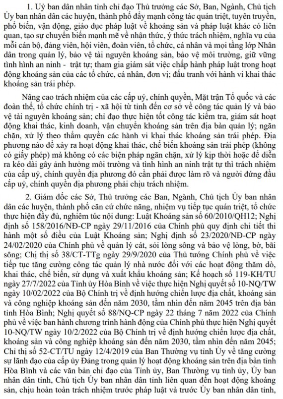 Hòa Bình: Ban hành Chỉ thị tăng cường công tác quản lý mỏ, tài nguyên khoáng sản trên địa bàn