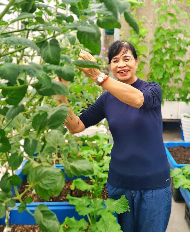 Vợ chồng chị Trang có hai con nhỏ và bố mẹ ngoài 60 tuổi. Cả gia đình đều chung tay chăm bẵm vườn.