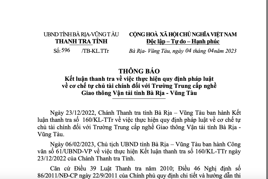 Thanh tra “điểm mặt” hàng loạt sai phạm liên quan đến Trường Trung cấp nghề Giao thông Vận tải tỉnh Bà Rịa - Vũng Tàu