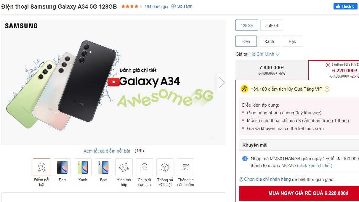 Samsung Galaxy A34 5G giảm "sập sàn", nhanh tay rinh ngay dế sang