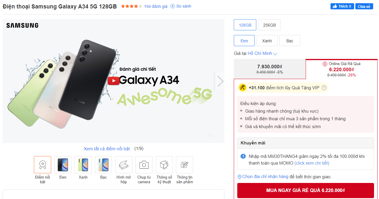 Samsung Galaxy A34 5G giảm 