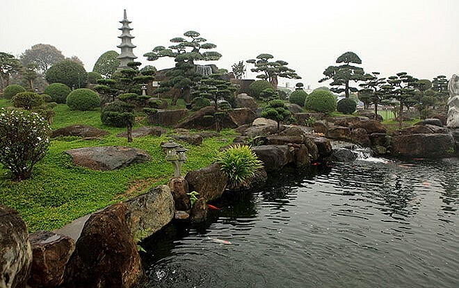 Khu hồ cá được tạo cảnh quan với đá bán quý và cây cảnh.