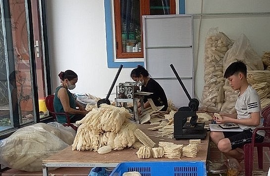 Công nhân gia công, sản xuất sản phẩm từ xơ mướp tại xưởng của anh Tôn ở Thuận Thành, Bắc Ninh.