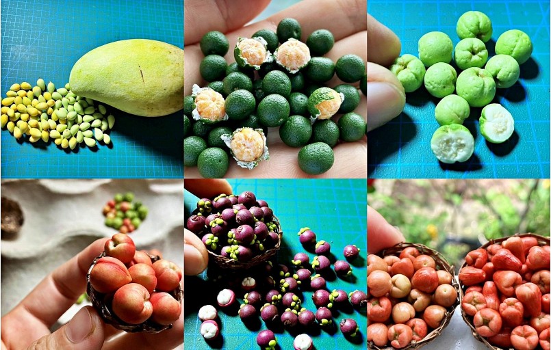 Các loại trái cây đặc trưng của Việt Nam được chị Phượng thu nhỏ bằng đất sét trông sống động và giống như thật.