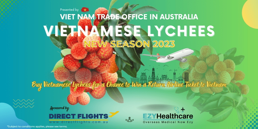 Poster quảng bá mua vải, bốc thăm trúng thưởng vé máy bay khứ hồi Úc-Việt Nam