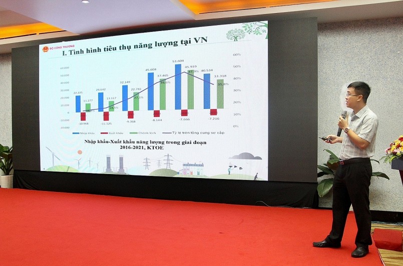 Ông Hoàng Việt Dũng, Thành viên Văn phòng Ban chỉ đạo Tiết kiệm năng lượng trình bày kết quả triển khai Chương trình quốc gia về sử dụng năng lượng tiết kiệm và hiệu quả