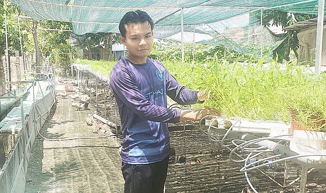Anh Sêng bên mô hình trồng rau thủy canh kết hợp nuôi cá trên bể bạt.