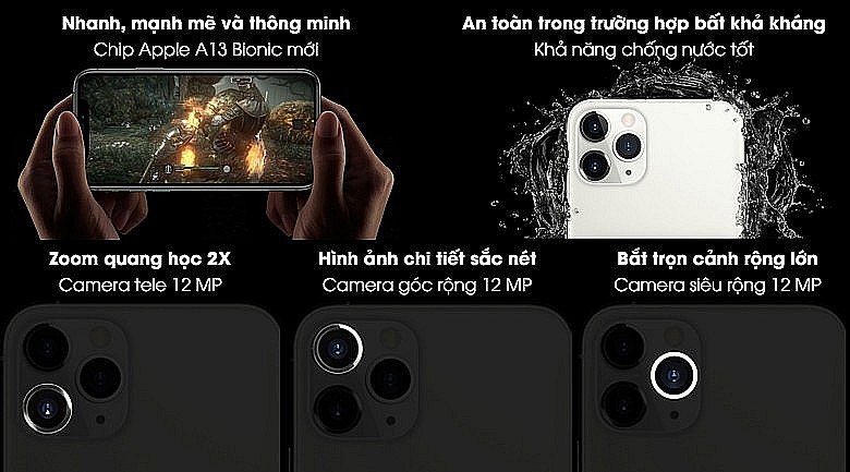 iPhone 11 Pro là chiếc iPhone đầu tiên có tới 3 camera, sở hữu tính năng chụp đêm hay chụp ảnh với góc siêu rộng.