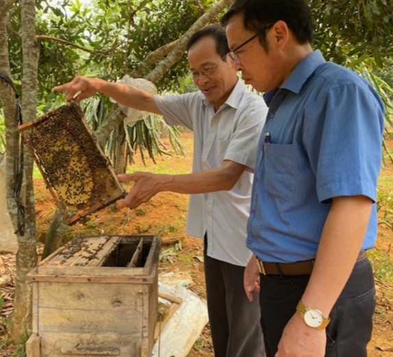 Ông Bùi Văn Soạn ở thôn Hùng Vĩnh, xã Cẩm Phú giới thiệu kinh nghiệm nuôi ong