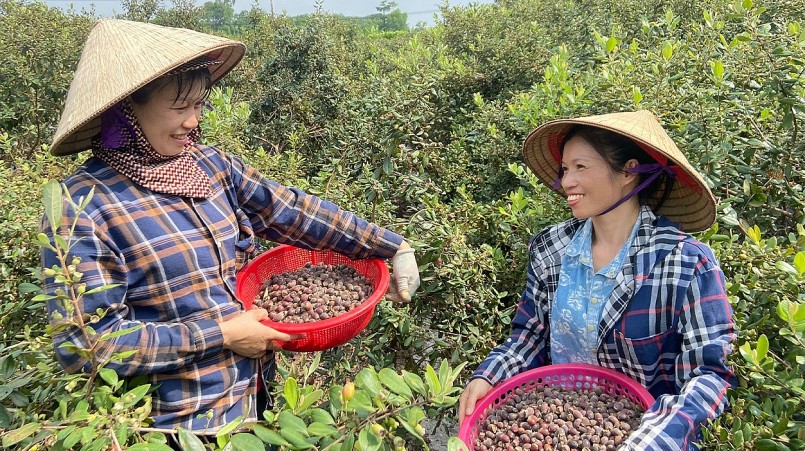 Chị Nguyễn Thị Duyên (phải) hạnh phúc với vườn sinh do chính tay trồng và chăm sóc.