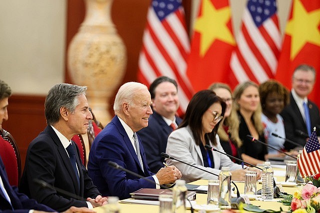 Tổng thống Joe Biden đánh giá cao việc hai nước nâng cấp quan hệ lên quan hệ Đối tác Chiến lược Toàn diện có lợi cho cả hai nước và lợi ích quốc tế chung. Ảnh VGP