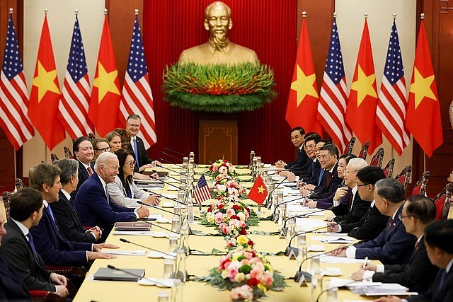 Tổng Bí thư Nguyễn Phú Trọng dẫn đầu Đoàn đại biểu cấp cao Việt Nam và Tổng thống Hoa Kỳ Joe Biden dẫn đầu Đoàn đại biểu cấp cao Hoa Kỳ tiến hành hội đàm, tại Trụ sở Trung ương Đảng. Ảnh VGP