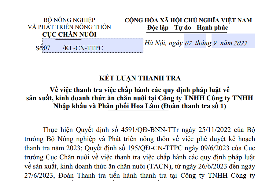 Cục Chăn nuôi chỉ ra nhiều tồn tại, hạn chế của Công ty TNHH Nhập khẩu và Phân phối Hoa Lâm