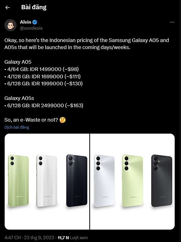 Tiết lộ giá bán của bộ đôi điện thoại Galaxy A05 và Galaxy A05s tại Indonesia