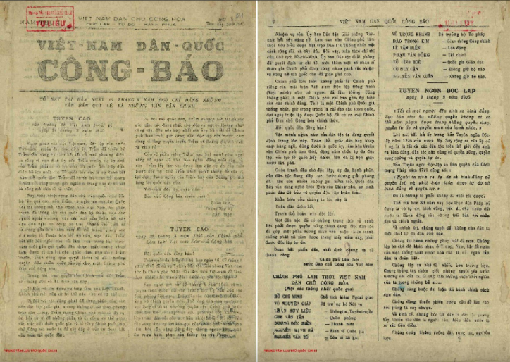 Tuyên cáo ngày 28/8/1945 của Chính phủ Lâm thời Việt Nam Dân chủ Cộng hoà. Nguồn: Trung tâm Lưu trữ quốc gia III, Việt Nam Dân quốc Công báo năm 1945, số 1, trang 01 - 02.