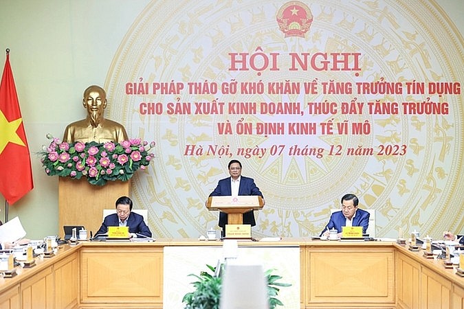 Thủ tướng Phạm Minh Chính chủ trì Hội nghị bàn giải pháp tháo gỡ khó khăn về tăng trưởng tín dụng cho sản xuất, kinh doanh thúc đẩy tăng trưởng và ổn định kinh tế vĩ mô (Ảnh: VGP).