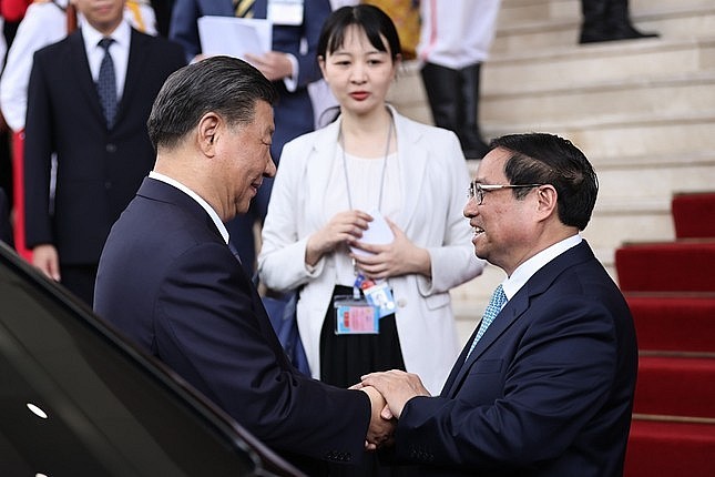Tổng Bí thư, Chủ tịch Trung Quốc Tập Cận Bình gặp Thủ tướng Phạm Minh Chính ngày 13/12. (Ảnh: Nhật Bắc)