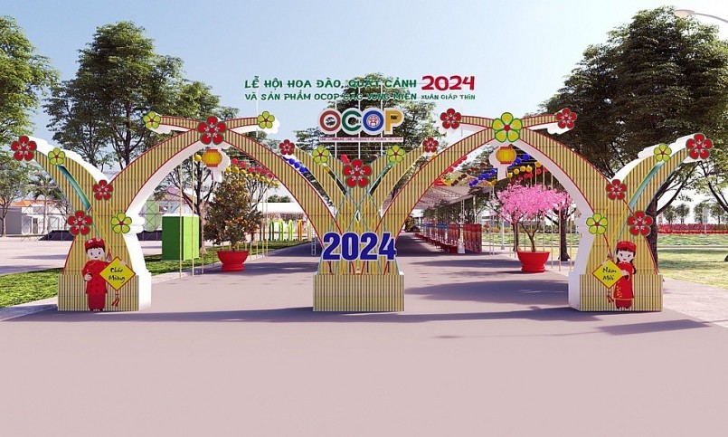Phối cảnh cổng chào Lễ hội hoa đào, quất cảnh và sản phẩm OCOP các vùng miền Xuân Giáp Thìn 2024. Ảnh: Trọng Tùng