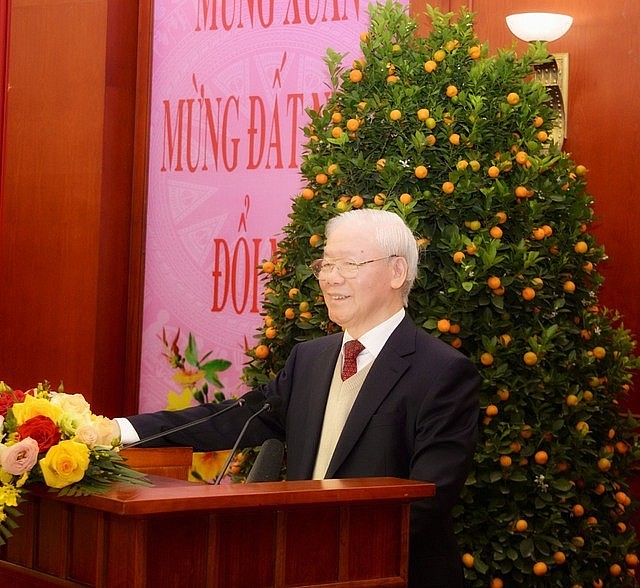 Tổng Bí thư Nguyễn Phú Trọng chúc Tết Nguyên đán Giáp Thìn 2024. Ảnh VGP