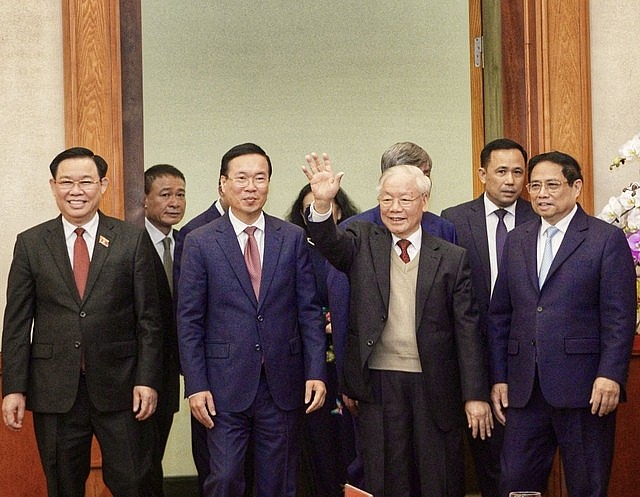 Tổng Bí thư Nguyễn Phú Trọng cùng các đồng chí lãnh đạo, nguyên lãnh đạo Đảng và Nhà nước dự chúc Tết. Ảnh VGP