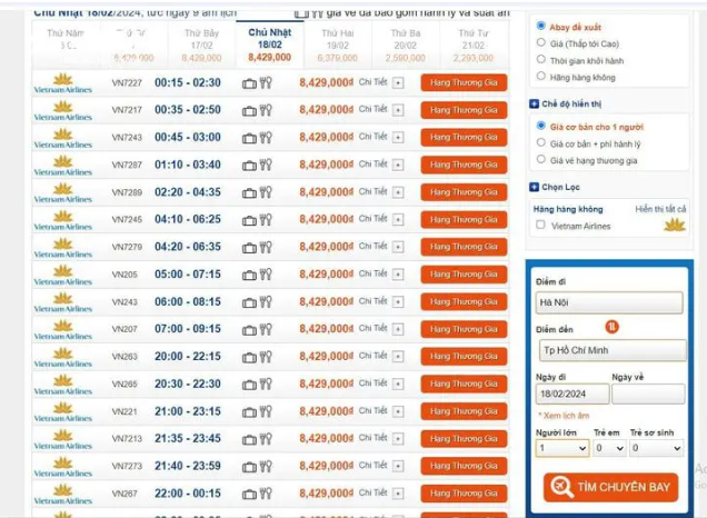 Trong các ngày từ 16 - 18/2, tức từ 7- 9 Tết, chặng bay Hà Nội - TP.HCM, nhiều hãng bay chỉ còn ghế hạng thương gia. (Ảnh chụp màn hình).