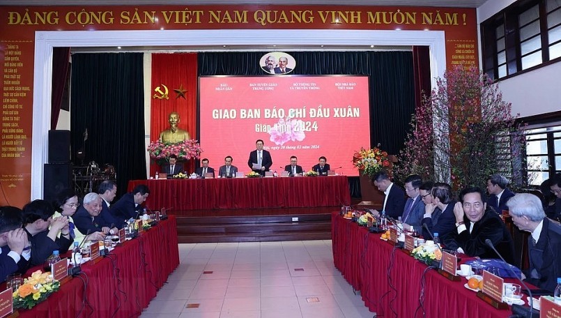 Quang cảnh Hội nghị giao ban báo chí đầu Xuân Giáp Thìn 2024. (Ảnh TTXVN)