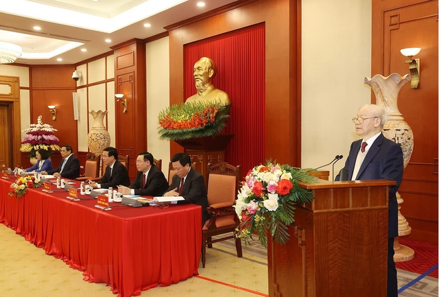 Tổng Bí thư Nguyễn Phú Trọng phát biểu tại phiên họp đầu tiên của Tiểu ban Văn kiện Đại hội XIV của Đảng - Ảnh: TTXVN