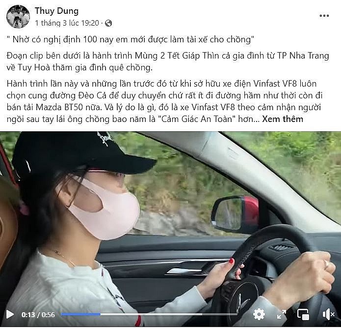 Chị Thùy Dung thuật lại câu chuyện thành công chinh phục cung đường Đèo Cả cùng VF 8. (Nguồn: Facebook Thuy Dung).