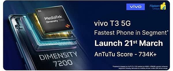 Vivo T3 sắp ra mắt tại Ấn Độ với thiết kế phẳng, camera 50MP, Dimensity 7200