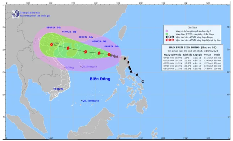 Hướng di chuyển dự kiến của bão số 3. Ảnh: Trung tâm Dự báo khí tượng thủy văn Quốc gia.