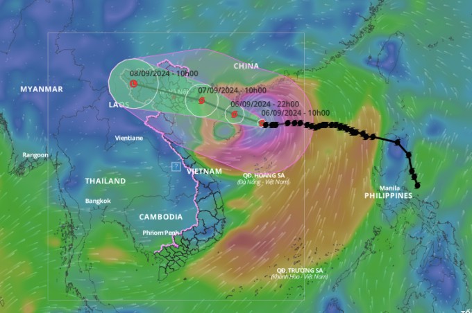 Dự báo hướng đi, vùng ảnh hưởng bão Yagi. Ảnh: Hệ thống giám sát thiên tai