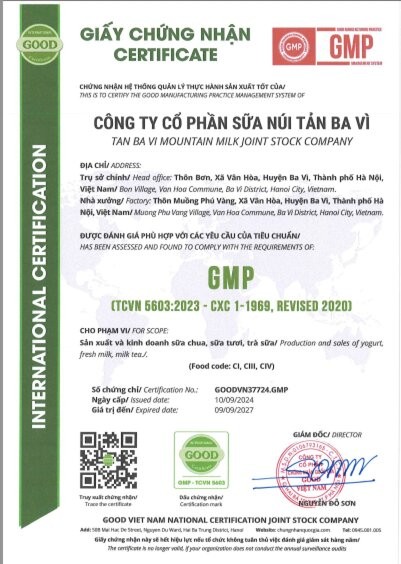 Giấy chứng nhận GMP được đăng tải trên website https://suanuitan.com của CTCP sữa Núi Tản Ba Vì.